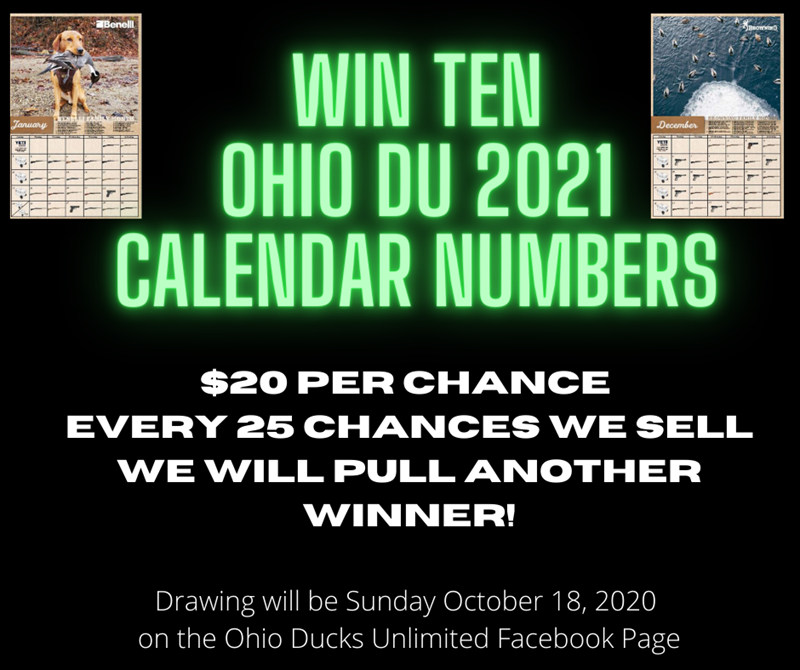 Win 10 Ohio Ducks Unlimited Calendar Numbers! Sun, Oct 18, 2020