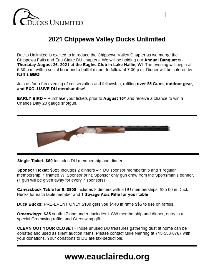 Chippewa Valley Ducks Unlimited Banquet Sun Aug 29 2021