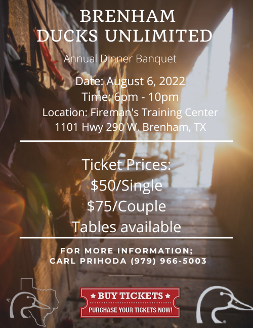 Brenham Ducks Unlimited Dinner Sat, Aug 6, 2022