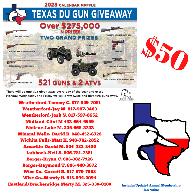 2023 Texas DU Gun Giveaway Calendars-West: Wed, Dec 7, 2022