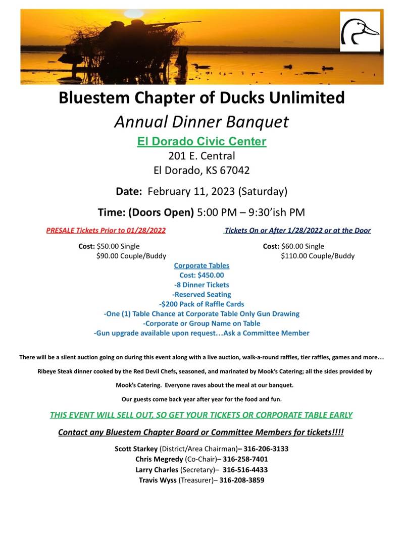 Bluestem Ducks Unlimited Dinner (SOLD Sat, Feb 11, 2023