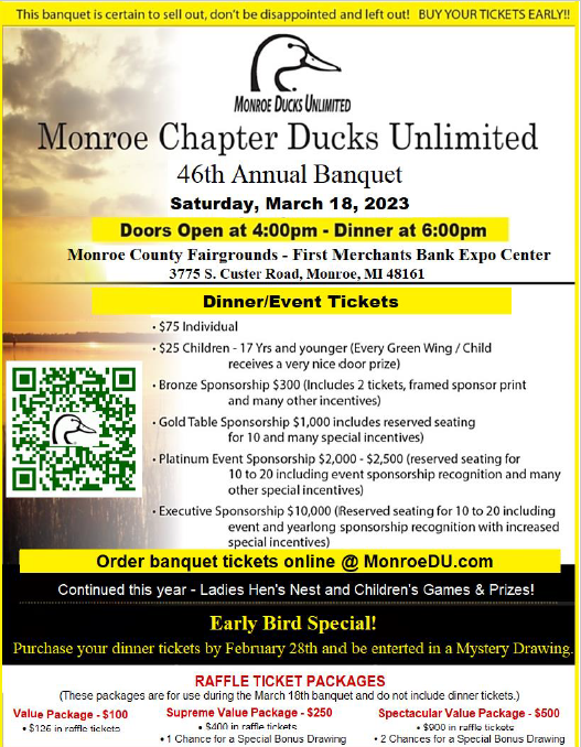 Monroe Chapter Ducks Unlimited Dinner Sat, Mar 18, 2023