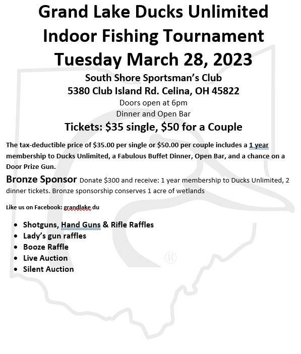 Grand Lake DU Indoor Fishing Tournament: Tue, Mar 28, 2023