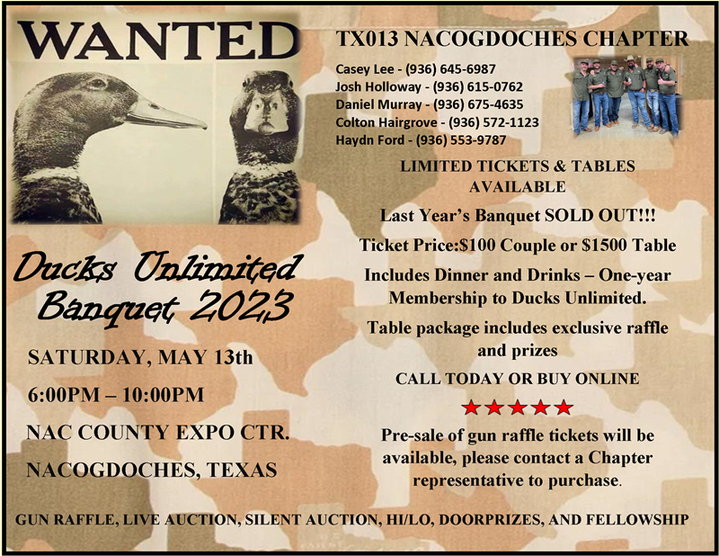 Nacogdoches Ducks Unlimited Banquet Sat, May 13, 2023