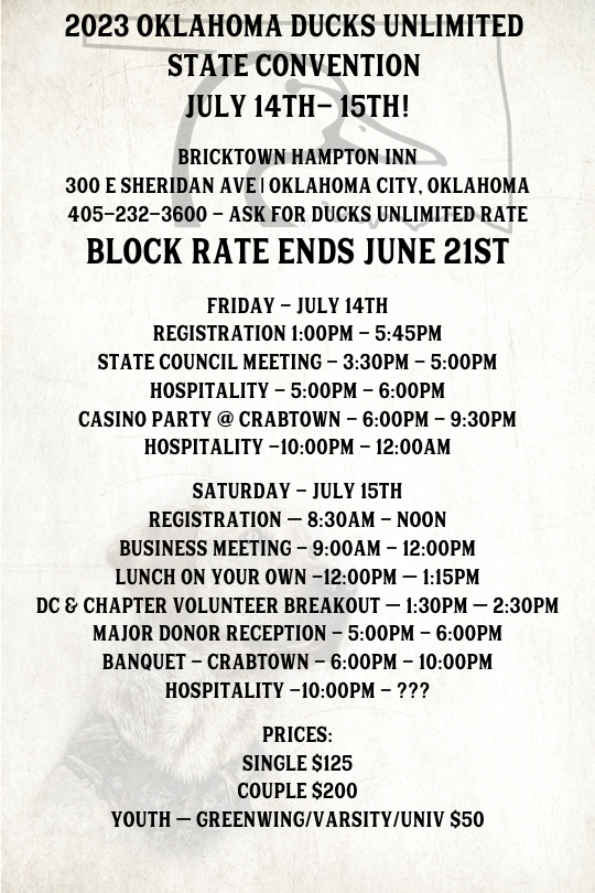 Oklahoma Ducks Unlimited 2023 State ConventionOklahoma Fri, Jul 14, 2023