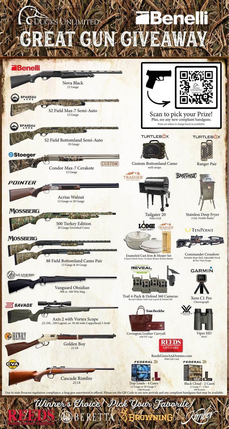2027 Great Gun Giveaway banner &mdash; prize choices for the Mallard Gun Table