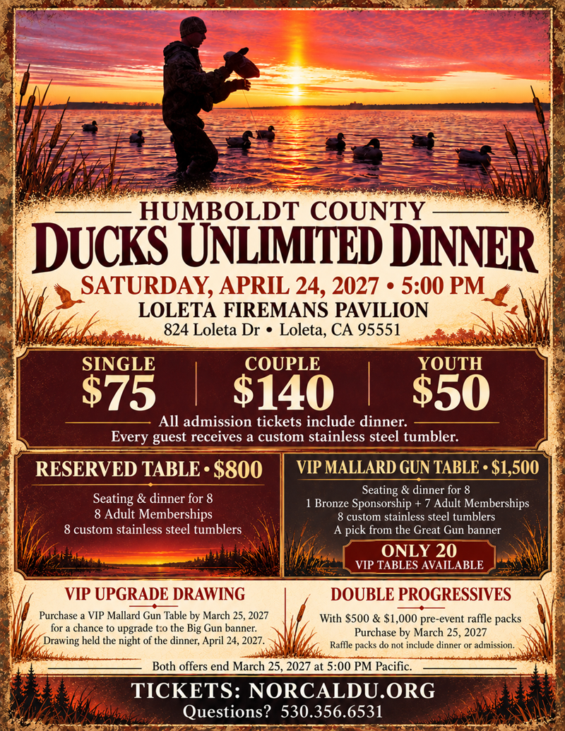 Humboldt County Ducks Unlimited Dinner - April 24, 2027 at Loleta Firemans Pavilion
